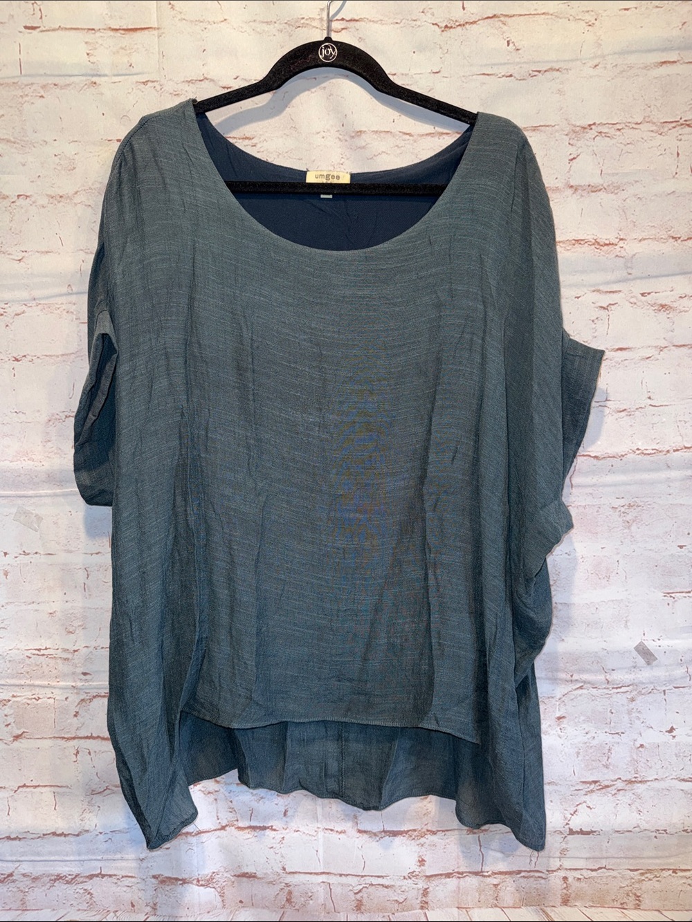 Umgee Slate Blue Relaxed Scoop Neck Tunic Dolman short sleeves textured M lined